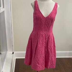 Monique Lhuillier Fuchsia Textured V-Neck Mini Dress